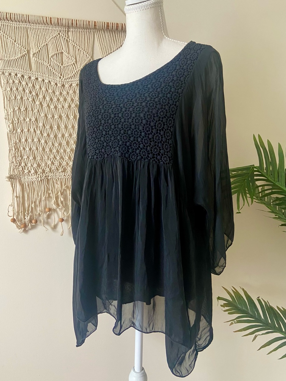 Made in Italy Vintage Black Sheer Crochet Tunic Silky Cover-Up/Top